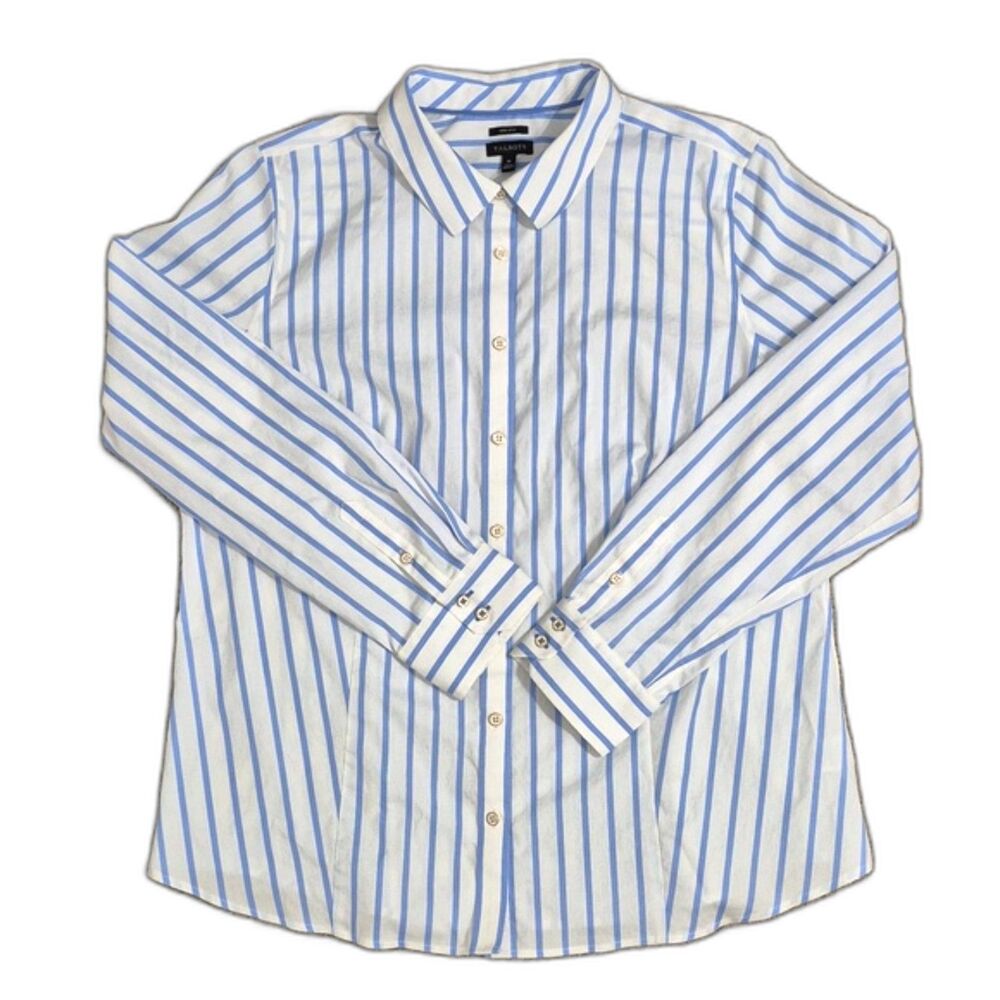 Talbots Shirt Sz. L 16  Button Up White Blue Stripe Nautical Preppy Professional